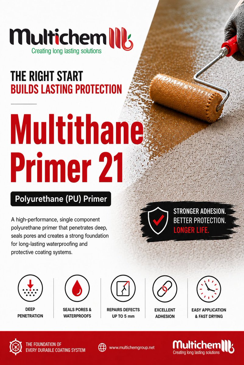 multichem_group's tweet photo. The secret to a longer-lasting coating isn't the topcoat, it's the primer beneath.💪
Choose Multithane Primer 21 for:
✅Deep Penetration
✅ Seals Pores &amp; Waterproofs
✅ Repairs Defects up to 5 mm
✅ Excellent Adhesion
✅ Fast Drying
#Waterproofing #waterproofingprimer #PUPrimer https://t.co/fZy4o5kl11