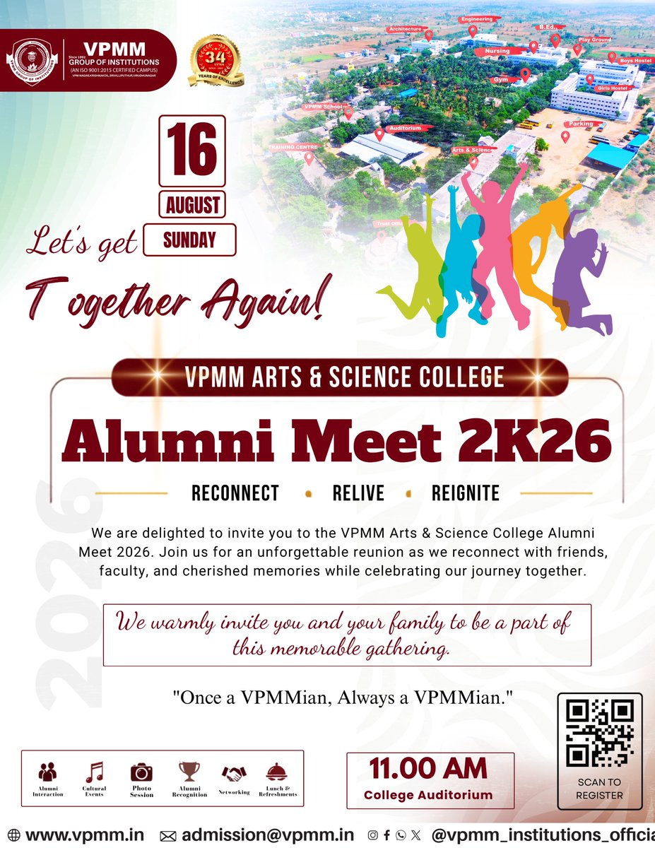 VPMM_Official's tweet photo. 🎓✨ VPMM Arts &amp; Science College Alumni Meet 2K26 is here!

Let's reconnect, relive unforgettable memories, and reignite lifelong friendships.
📅 16 August 2026 (Sunday)
🕚 11:00 AM
📍 College Auditorium
📝 Register now:
 https://t.co/WcToLZ5NV5
Once a VPMMian, Always a VPMMian. https://t.co/Ifh3sRrGMv