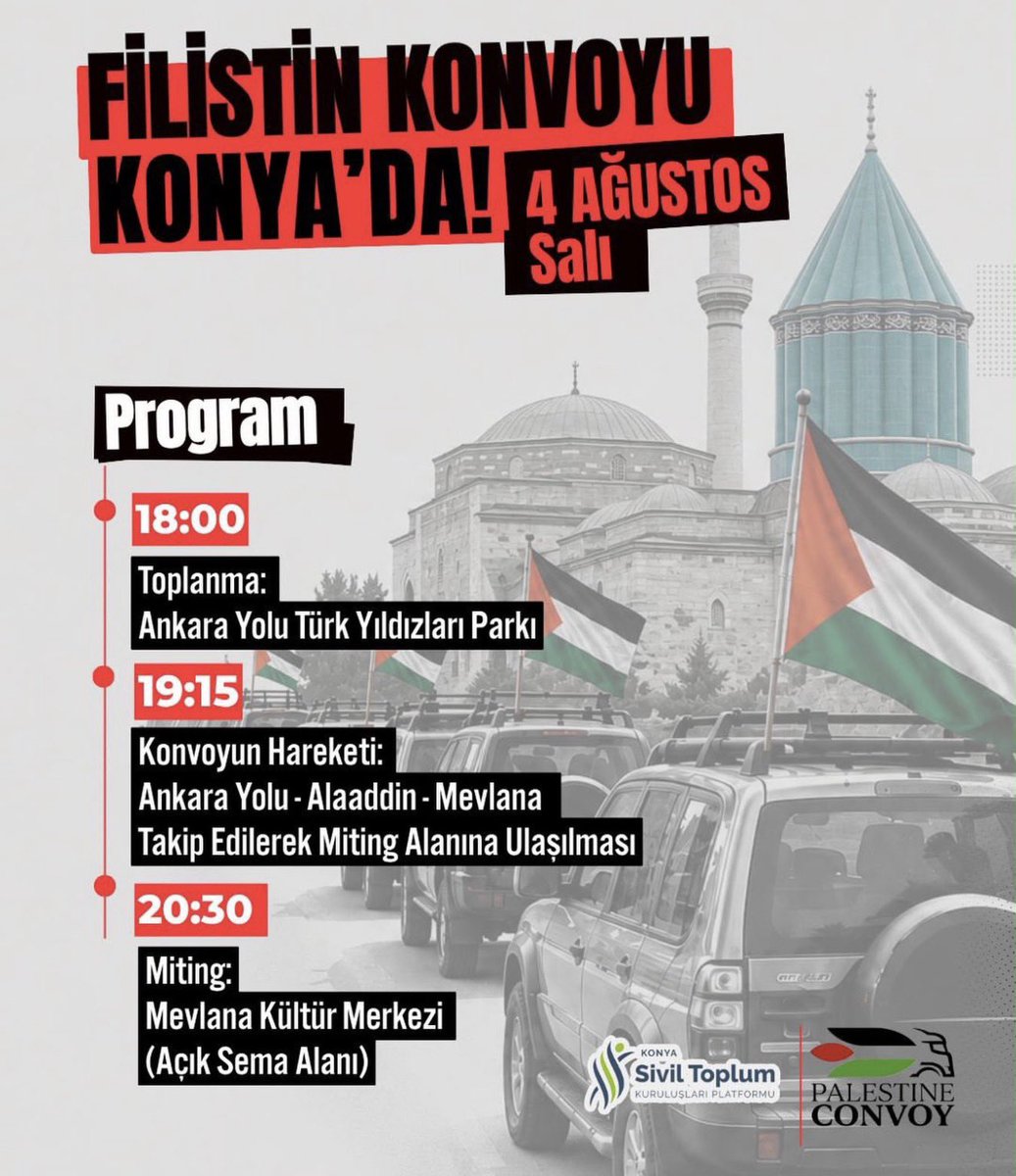 ademozkose's tweet photo. Filistin’i gündemden düşürmemek ve ablukayı kırmak için yola çıkan Filistin Konvoyu bugün nasipse önce Aksaray’da daha sonra da Konya’da olacak. Arkadaşlar! Bıkmadan, usanmadan Filistin için hep birlikte ses vermeye devam edelim. https://t.co/5kkfvqprZK