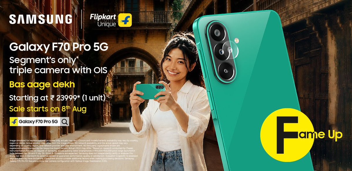 vikaram28's tweet photo. 📸 Content banana hai toh momentum break nahi hona chahiye. Samsung Galaxy F70 Pro 5G ke Snapdragon Processor aur fast LPDDR5X RAM keep you moving. The creator's phone sirf ₹23,999 mein. 🚀 #GalaxyF70ProAt23999 https://t.co/VFzpE4TH5x