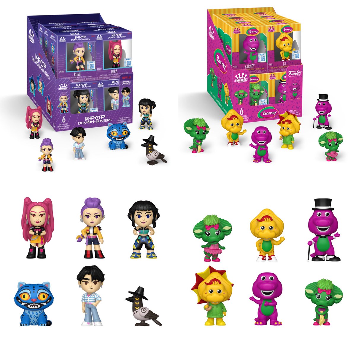 DisTrackers's tweet photo. First look at Five Below exclusive K-Pop Demon Hunters &amp; Barney Minis!
.
#KPopDemonHunters #Barney #Mini #Funko #FunkoPop https://t.co/qjmf3IqI57