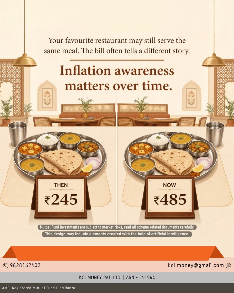 rajeevkci's tweet photo. 🍽️ Same meal, higher bill. Inflation is real—let your investments grow faster than rising prices. 📈

#Inflation #BeatInflation #SIP #MutualFunds #InvestSmart #FinancialPlanning #WealthCreation #KCIMoney https://t.co/nOf5YbqQzS