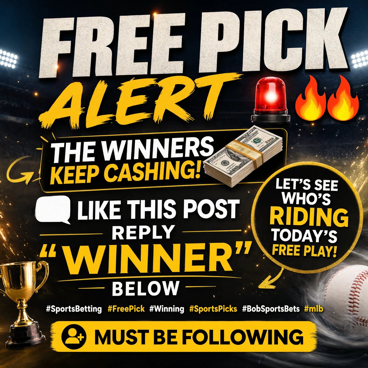 BobSportsBets's tweet photo. FREE PICK ALERT 🔥 

👍 LIKE THIS POST 💬  

REPLY "WINNER" BELOW 

 #GamblingX #freepick 

🔹️ MUST BE FOLLOWING @BobSportsBets https://t.co/29InWxEhBy