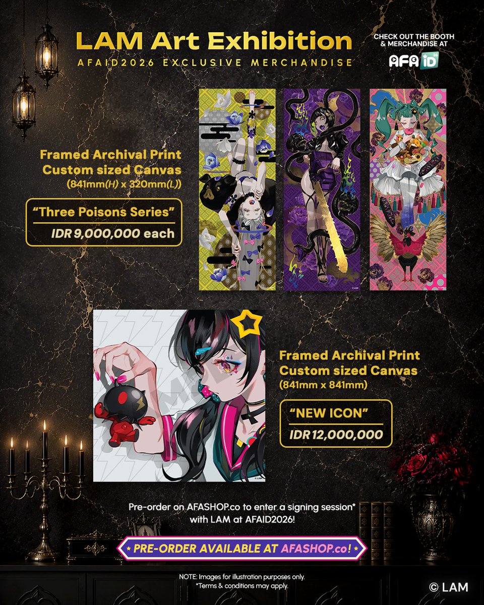 animefestasia's tweet photo. #AFAID26 LAM's @ramdayo1122 exclusive merch at AFA Indonesia 2026! 

Prints, apparel, desk mats, stands &amp; more. Pre-order at AFASHOP to enter signing session. 

Also catch his talk show on 16 Aug (Sun) at NEXT STAGE. 

Pre-order NOW: https://t.co/6KR4DgKXF6 https://t.co/GyBMOL9hT9