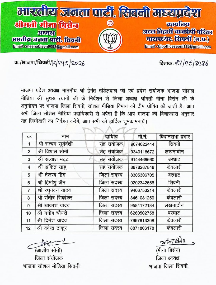 SuyashTyagiBJP's tweet photo. सोशल मीडिया विभाग सिवनी जिले के नवनियुक्त सभी पदाधिकारियों को हार्दिक शुभकामनाएं एवं बधाई 🌷🌷 https://t.co/2jdcSyjyoz