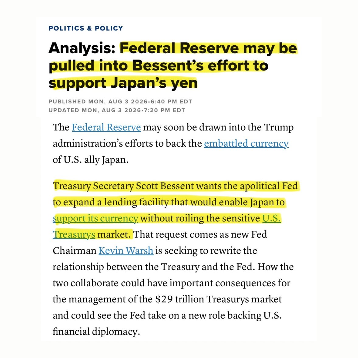 BullTheoryio's tweet photo. BREAKING: US Treasury Secretary Bessent is asking the Fed to help Japan raise dollars without selling US Treasuries.

Japan holds around $1.1 trillion in US Treasuries. 

When it defends the yen, it needs dollars, and most of its reserves are sitting in those bonds rather than in cash. 

Once the cash runs out, the only way to keep intervening is to start selling Treasuries.

That selling would push US bond prices down and yields up. The 10-year already went above 4.7% last week, and Bessent has said he watches that number closely.

The FIMA Repo Facility avoids it. 

Japan pledges its Treasuries to the Fed, borrows dollars against them, then returns the dollars later and gets the bonds back. 

The bonds never reach the open market, so yields are not affected.

The problem is size. 

The facility is capped at $60 billion a day, and Japan spent an estimated $60 to $80 billion in a single week. 

That is why Bessent wants it expanded.

This is also why he sold euros instead of dollars on Friday.

But it is not his decision. Expanding FIMA needs a vote from the Federal Open Market Committee, and the Fed has declined to comment.