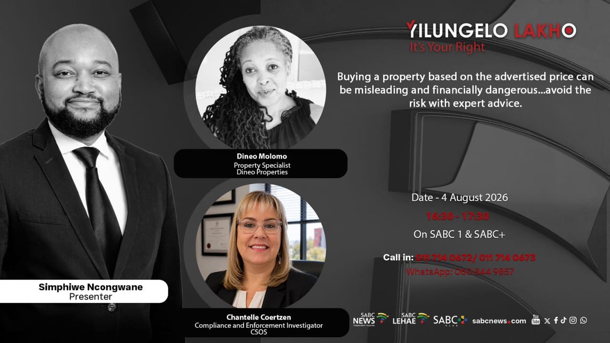 CSOS_SA's tweet photo. 📢 WATCH LIVE!

Don’t forget to catch Chantelle Coertzen on @Official_SABC1's  @Yilungelo_Lakho!

She’ll be discussing the importance of looking beyond the purchase price when buying property in a community scheme, with a focus on conducting thorough due diligence to help consumers avoid costly financial consequences in the future.

Broadcast Details:
•Date: Tuesday, 4 August 2026
•Time: 4:30 pm to 5:30 pm
•Programme: Yilungelo Lakho
•Channel: SABC 1