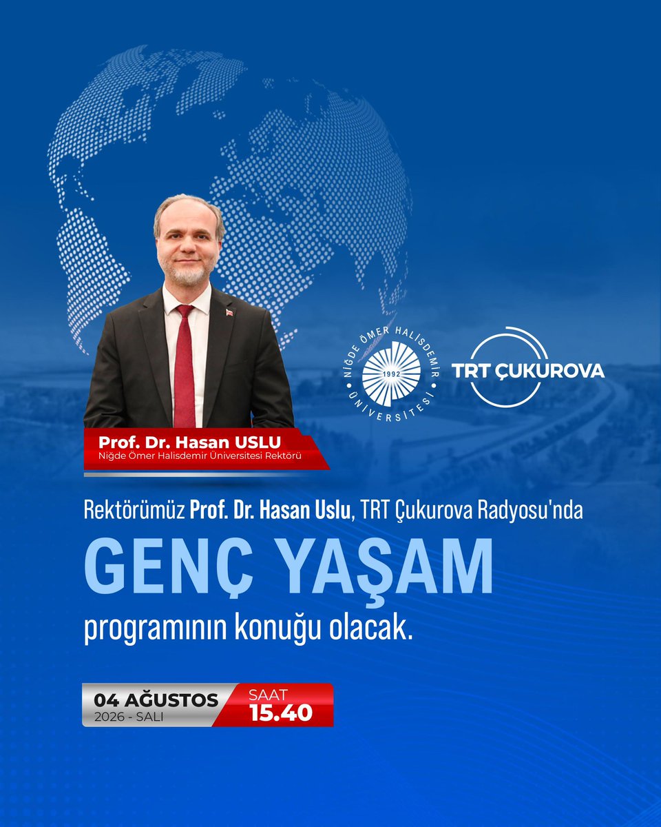DrHasanUslu's tweet photo. Rektörümüz Prof. Dr. Hasan Uslu, TRT Çukurova Radyosu Genç Yaşam programının canlı yayın konuğu olacak.💫🎙️📻

Şimdiden iyi dinlemeler.🎧

#NÖHÜSeniÇağırıyor
#TercihimNiğde https://t.co/2ED9ig5HD6