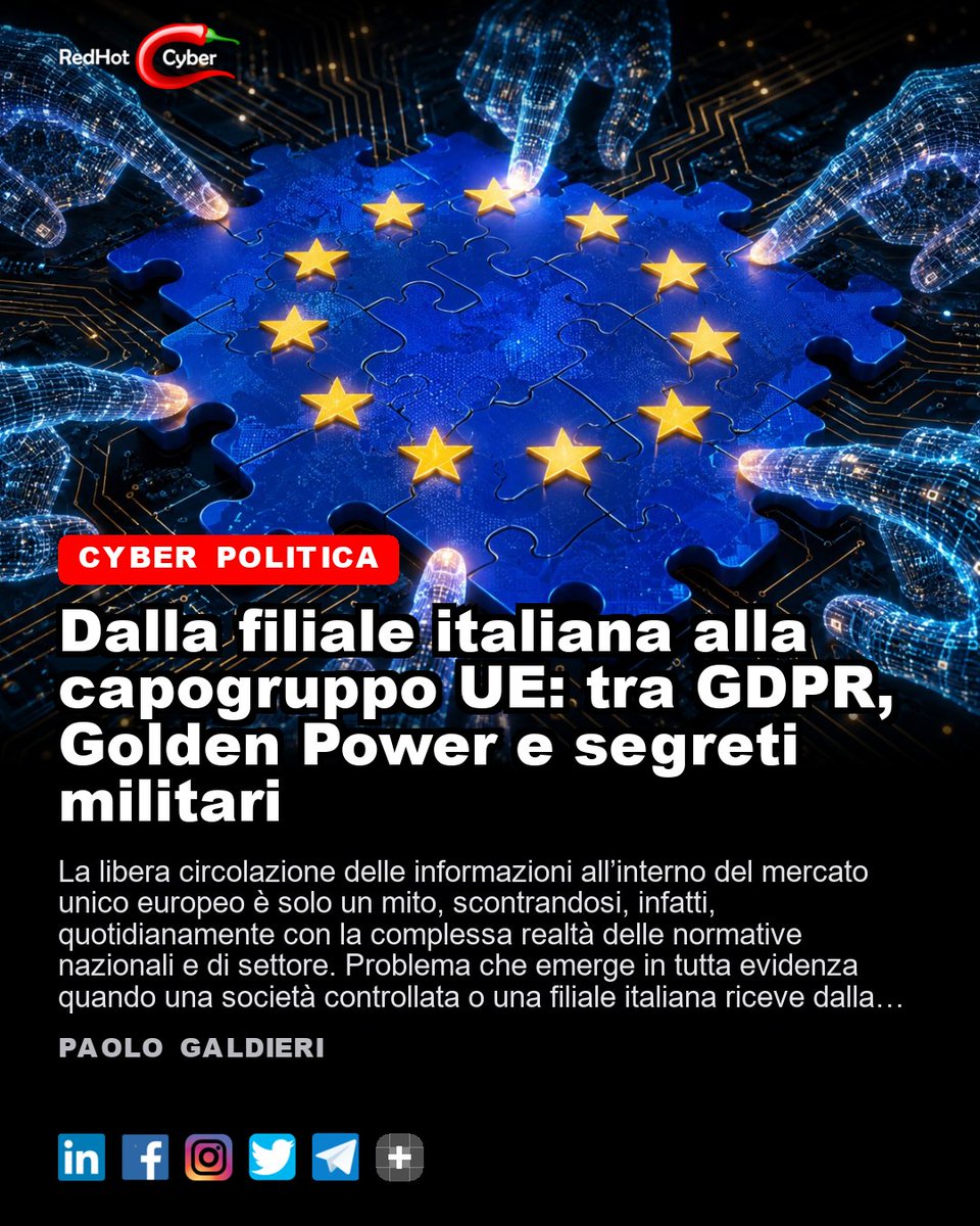 redhotcyber's tweet photo. Dalla filiale italiana alla capogruppo UE: tra GDPR, Golden Power e segreti militari
📌 Link all'articolo : https://t.co/ZxxRhBdfUW
Paolo Galdieri
#redhotcyber #cybersecurity #cybercrime #hacking #cti #ai #privacy #news #technology https://t.co/mobjWPoFqw