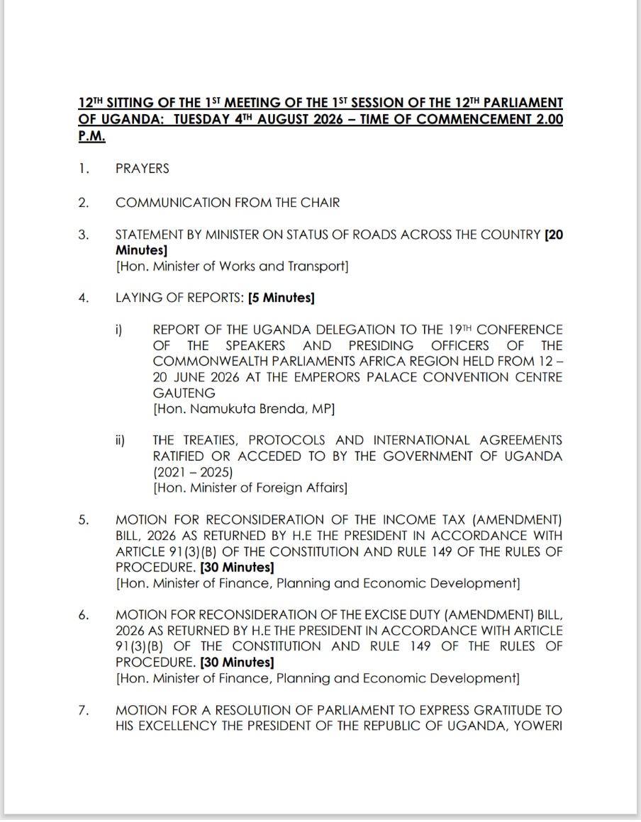 Parliament_Ug's tweet photo. #PlenaryUg resumes at 2p.m today to consider business itemised on the Order Paper👇 https://t.co/KAOPer6UWT