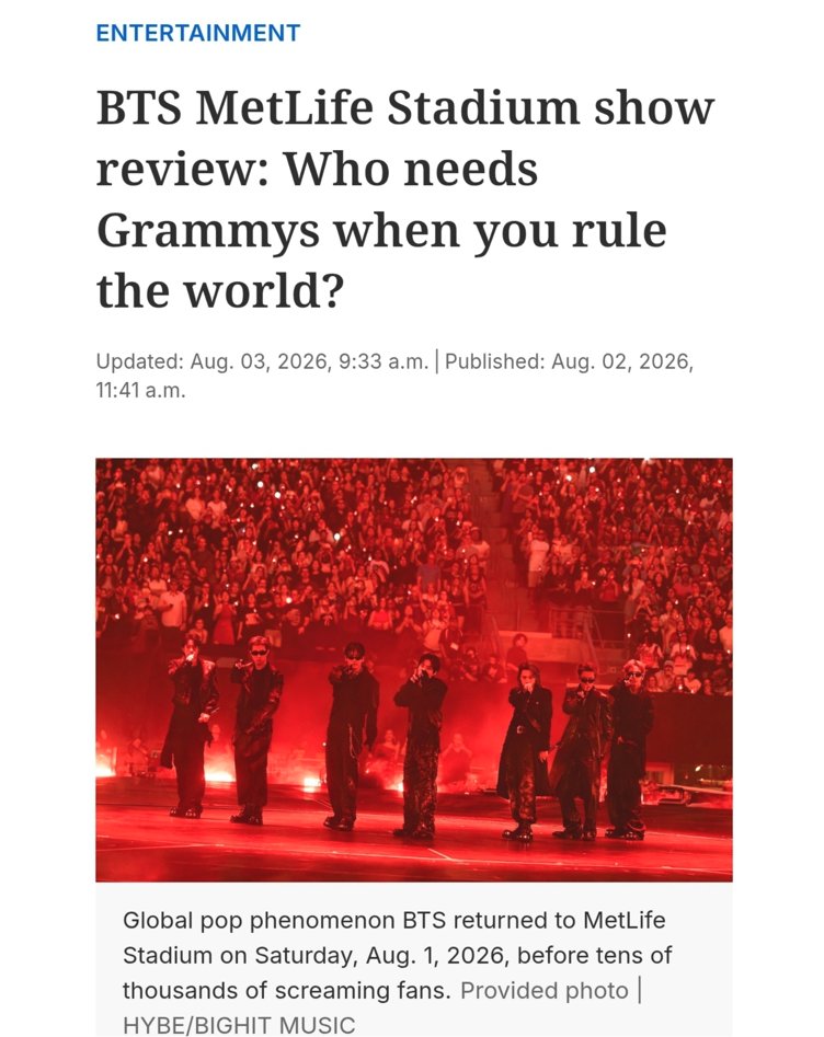 AboutMusicYT's tweet photo. NJ .com while reviewing BTS sold out show in MetLife Stadium:

"Who needs Grammys when you rule the world? BTS doesn't need a Grammy - they already have the world." https://t.co/2HCgL8eAzh
