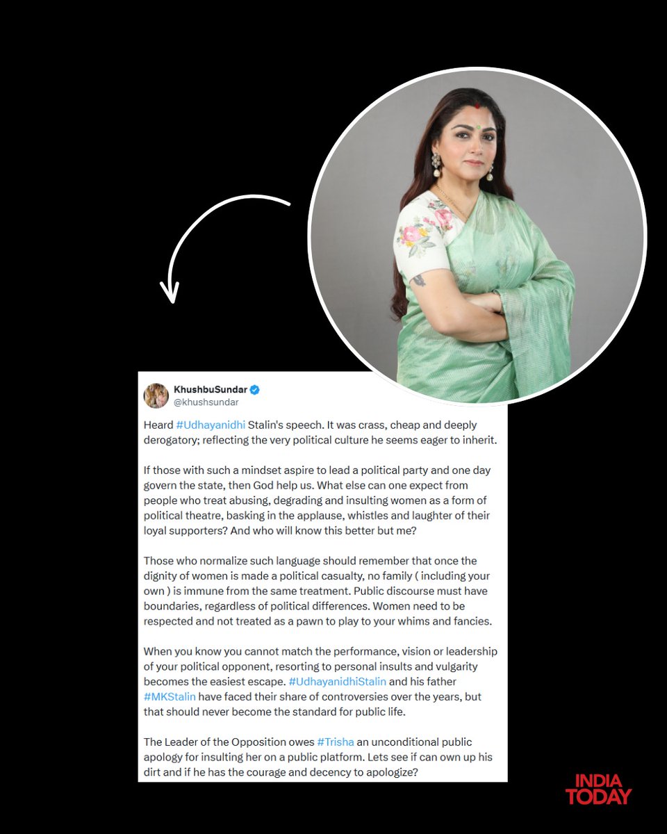 IndiaToday's tweet photo. Singer Chinmayi Sripaada and actor-politician Khushbu Sundar criticised DMK leader and Leader of the Opposition Udhayanidhi Stalin over his crass and derogatory remark, widely seen as targeting actor Trisha, during a protest over the Cauvery water dispute. Their reactions came minutes before Udhayanidhi was detained by the police in Thanjavur amid the controversy.

In his first response to India Today, he defended himself, saying, "You decide, you heard the speech. Did I say something wrong? Did I take anybody's name except the Chief Minister?"

#UdhayanidhiStalin #Trisha #ChinmayiSripaada #KhushbuSundar #DMK #TamilNadu
