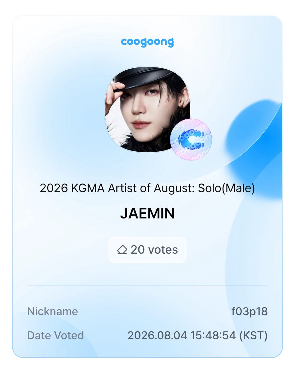 f03p18's tweet photo. ตอนนี้มี #โหวตเพื่อแจมิน อยู่นะคะ รายการ artist of august ของแอพ coogoong อันนี้เอาแค่ที่ #1 เท่านั้นนะคะ เอาถ้วยเดือนสิงหาให้แจมมี่กันค่ะ 💌 

📝 ใช้ 100🩵/vote (สามารถดู ads, เช็คอิน และเล่นเกมเก็บใจได้ค่า) หรือสนใจโดเนทเราแปะไว้ในเมนชั่นด้านล่างค่ะ 🪷

📍ปิด 09/08 21:59 น. https://t.co/TYyEKIxsZq