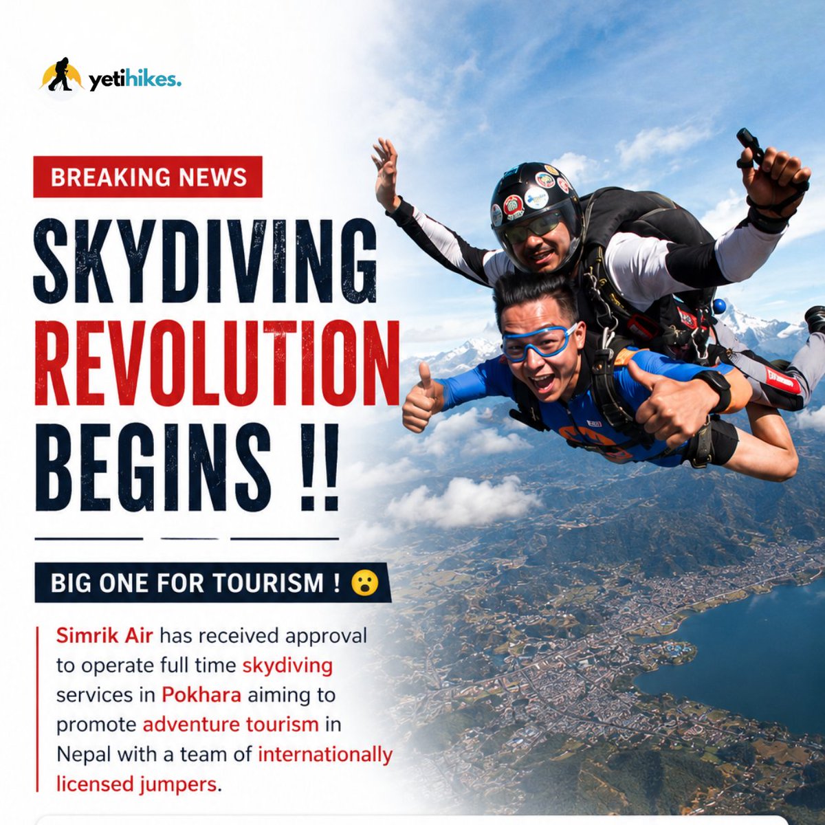 yetihikes's tweet photo. A new era of adventure begins in Nepal! Simrik Air has received approval to operate full-time skydiving services in Pokhara, bringing world-class freefall experiences to the heart of the Himalayas. 🪂🇳🇵

#SkydivingNepal #Pokhara #AdventureTourism #VisitNepal #SimrikAir #YetiHikes https://t.co/1SRgwzQkyn