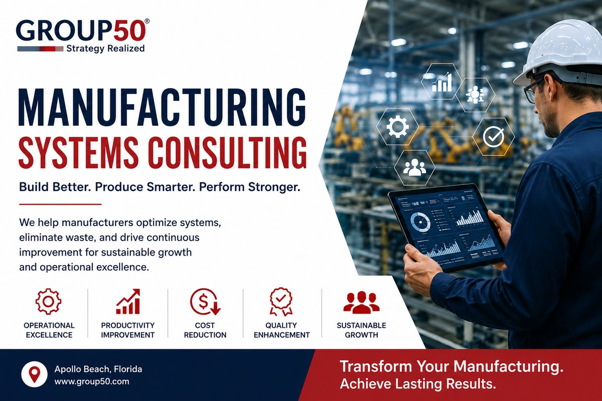 Group50's tweet photo. Build a smarter manufacturing system with Group50's Manufacturing Systems Consulting. Improve efficiency, reduce costs, eliminate bottlenecks, and drive sustainable operational excellence.
https://t.co/Tgg2X0ewzi
#Manufacturing #Lean #ContinuousImprovement #Operations #Group50 https://t.co/pLq1opBFYZ