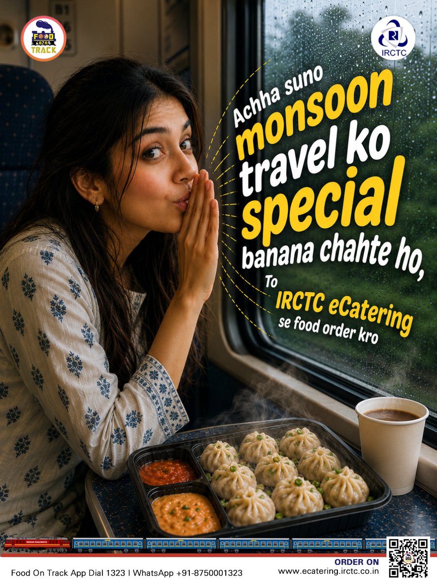 eCateringIRCTC's tweet photo. Monsoon journeys deserve more than just a window seat—they deserve your favourite meal too.

Whether you're enjoying the rain with hot momos, a comforting cup of chai, or your go-to comfort food, make every train journey extra special with IRCTC eCatering.

Order fresh, hygienic meals from trusted restaurant brands and get them delivered right to your train coach.

🌐 https://t.co/sj0NT7FuMP
📲 Install #FoodOnTrack app
📞 Call 1323
📱 WhatsApp +91-8750001323
