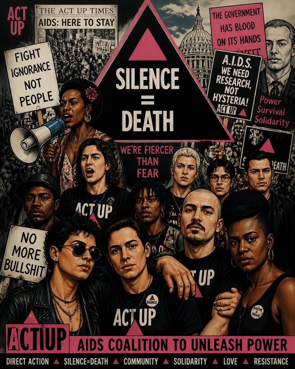Read_With_Pride's tweet photo. Remembering the fierce resilience of 1980s ACT UP & AIDS activism. Our history is built on solidarity & protest! ✊🏳️🌈 How does our past inspire your fight today? #QueerHistory #ACTUP #LGBTQ #QueerResilience https://t.co/m4VO3dqbUD