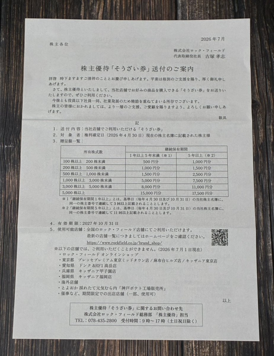 株主優待 令和8年到着No.76 銘柄：ロック・フィールド(2910)×1000株