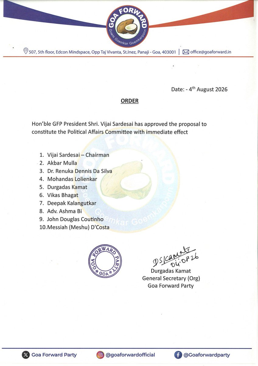 Goaforwardparty's tweet photo. Hon’ble President @VijaiSardesai has constituted the Political Affairs Committee with immediate effect. https://t.co/K5BKcee5Kj