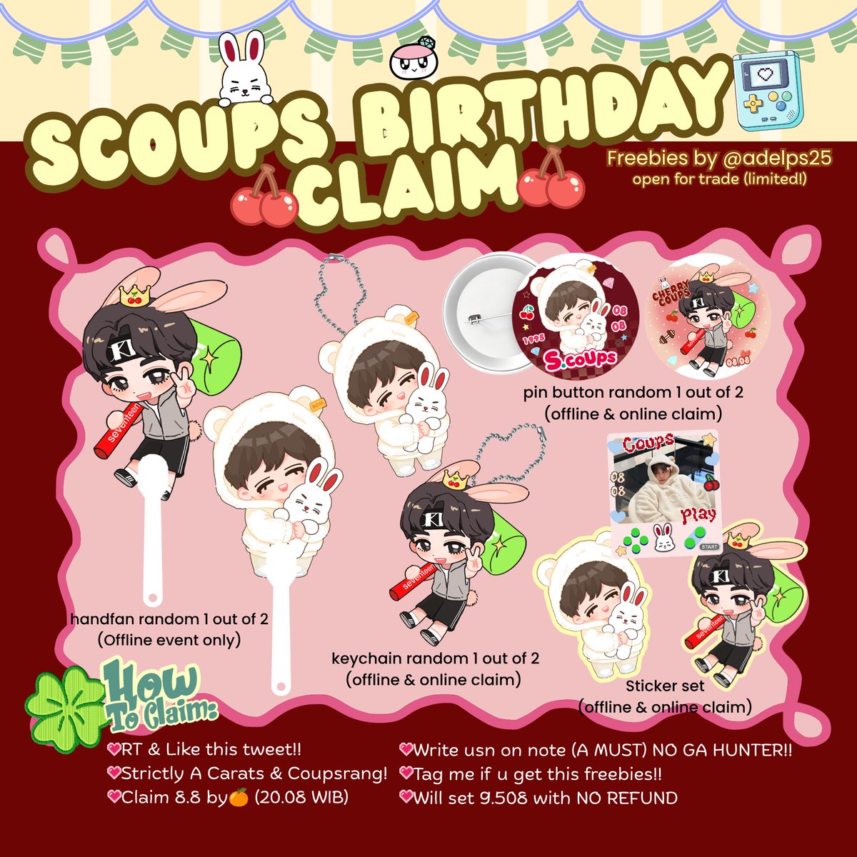 adelps25's tweet photo. ✮ ⋆ ˚｡𖦹Happy Scoups Day 𖦹 ⋆｡°✩

˖ ݁♬⋆.˚𝄞 Scoups Birthday Claim ˖ ݁♬⋆.˚𝄞
-by @adelps25

✧ rules on pic ‼️
✧ offline event at ripe cherry day 1 session 3
✧ link 🍊will be update on 8.8 (reply section)

🍒good luck🍒 https://t.co/YZ4nXpU0fM