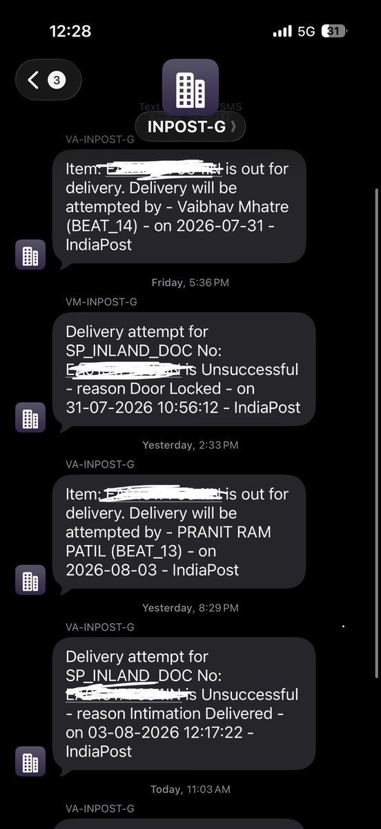 jan_neta_ronny's tweet photo. @IndiaPostOffice You are trying everyday to deliver me a post. But you are not sharing the contact number of delivery agent nor is he trying to contact me for delivery.
Today there is one more delivery scheduled.
And I will get the same message. https://t.co/8LSXv5UWGc