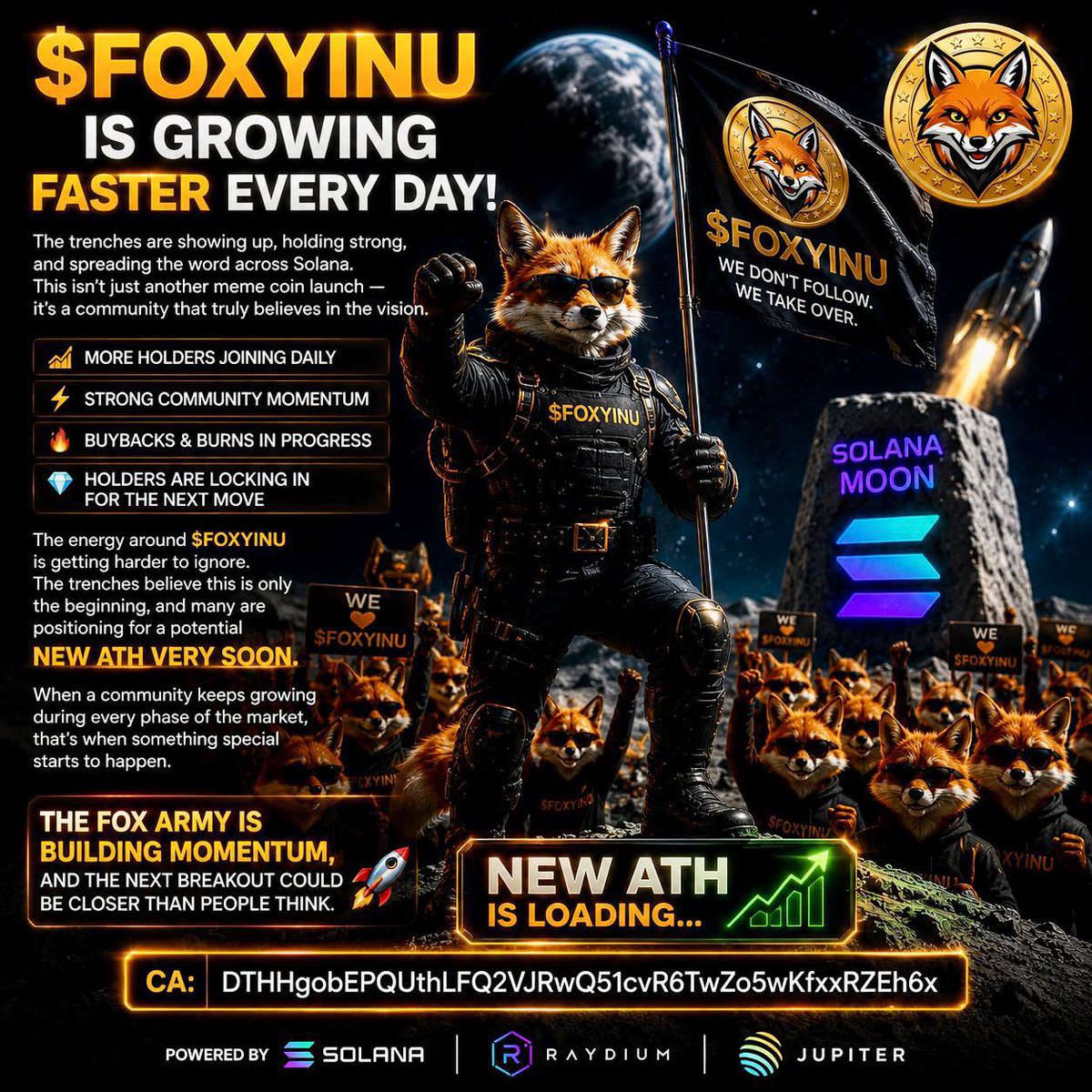 theAdamcrypto's tweet photo. 🦊 The trenches have spoken… $FOXYINU is gearing up for its next major move. 🚀

This isn’t just another meme coin—it’s a community that keeps building regardless of market conditions.

🔥 Holder count continues to grow
♻️ Buybacks & burns underway
💎 Diamond hands staying strong
⚡ Community expanding across the Solana ecosystem

When conviction stays high through every market phase, that’s when momentum starts to compound.

Worth keeping on your watchlist.👀

CA:
DTHHgobEPQUthLFQ2VJRwQ51cvR6TwZo5wKfxxRZEh6x

DexScreener:
https://t.co/fzOFwV8OUr

Telegram:
https://t.co/7GBOcCLGay

#FOXYINU #Solana #Crypto