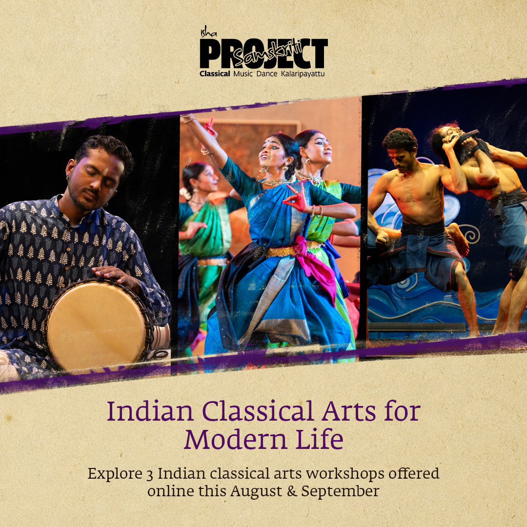 ishafoundation's tweet photo. Explore Indian classical arts from wherever you are.

 This August and September, Project Samskriti offers  online workshops in classical chant, Kalaripayattu, and devotional music.

Learn Guru Ashtakam, Kalaripayattu Basics, or Barse Badariya through live online sessions with guided support. 

Register Now : https://t.co/v86Rfe4yMn
