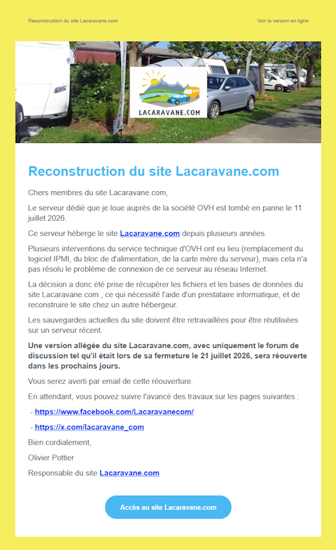 lacaravane_com's tweet photo. Un email "Reconstruction du site https://t.co/8vqVuyuFkF" vous a été envoyé le 2 août 2026. Si vous ne l'avez pas reçu, lisez une copie sur la page https://t.co/z76yJzOT49 https://t.co/urcLcVkuaA