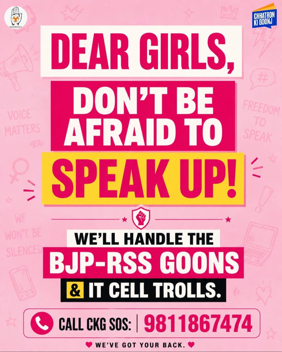IYC's tweet photo. Dear Girls..

Agar sirf apni baat rakhne, sarkaar se sawaal poochne ya students ke haq mein khade hone ki wajah se tumhe BJP-RSS ke online goons aur IT Cell trolls target kar rahe hain.. Please don't fight this alone‼️

Screenshots save karo. Evidence preserve karo. Ek call karo.

CKG SOS tumhare saath khada hai. Har step par ✊
Call NOW 📞 9811867474