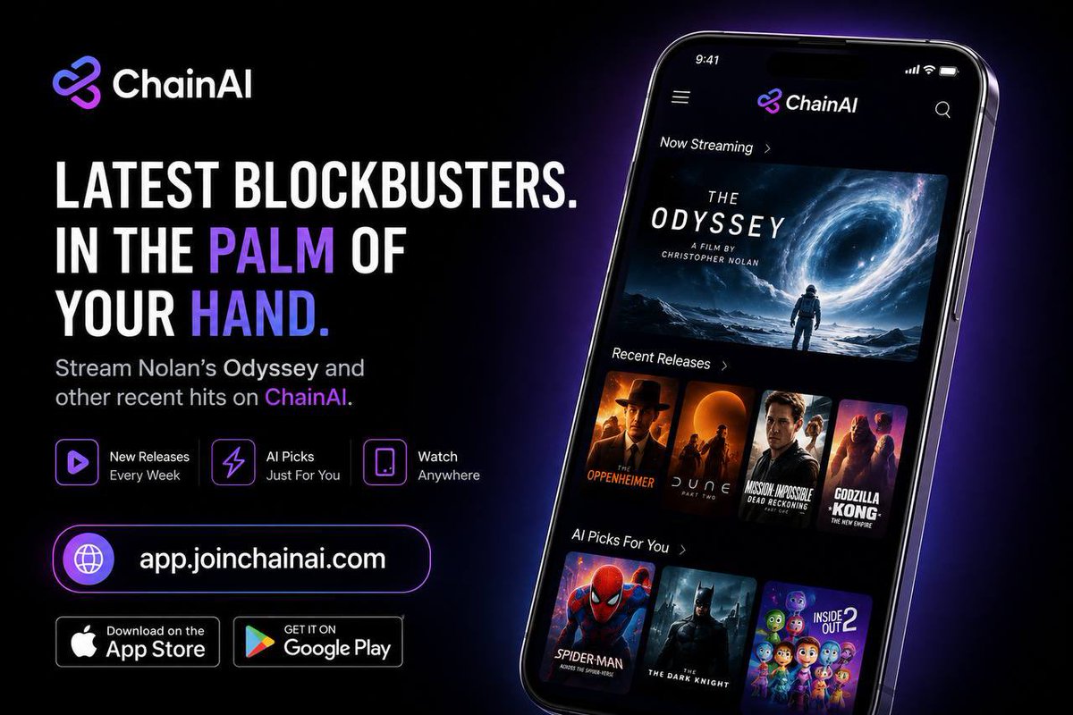 JoinChainAi's tweet photo. Why spend 30 minutes searching when you could spend 3 seconds watching?

Stream Nolan’s The Odyssey and other recent blockbusters with AI-powered recommendations that find what you want instantly.

No endless scrolling. Just press play.

https://t.co/tNeWzB0b5v

$CHAIN https://t.co/UL6pnkqzlg