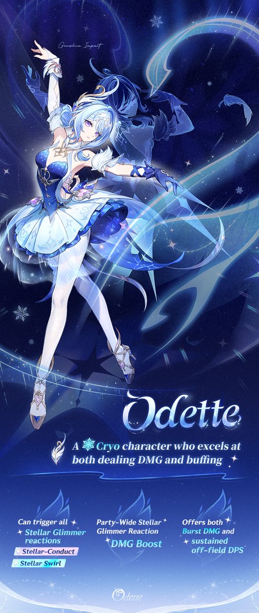 GenshinImpact's tweet photo. Character Skill Showcase — "Swirling Snow" Odette
#GenshinImpact #Odette #NowSnezhnaya #GenshinSnezhnaya 

Hello, Traveler! Today, Odette brings a brand-new performance unlike anything we've seen from her before. Let's take a look at her sharp and dazzling side~

The "Swan's Shadow in Silken Ice" Event Wish will be available after the Version 7.0 update on August 12. During this event wish, there will be a huge drop-rate boost for the character "Swirling Snow" Odette (Cryo)!