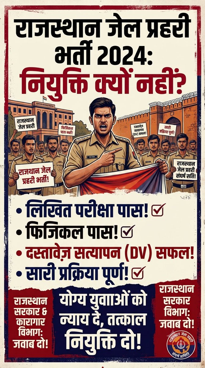 IshwarSharma045's tweet photo. परीक्षा, फिजिकल और DV सब हो चुका है, फिर जॉइनिंग में देरी क्यों? हमारे संघर्ष और मेहनत को न्याय दीजिए, जल्द जॉइनिंग ऑर्डर जारी कीजिए! 📢
@svoruganti1466 @RajCMO @PoliceRajasthan @BhajanlalBjp  #RajasthanPolice #नियुक्ति_आदेश #जेल_प्रहरी_भर्ती_2024 #JailPrahariJoiningDo https://t.co/LICyCUZWL9
