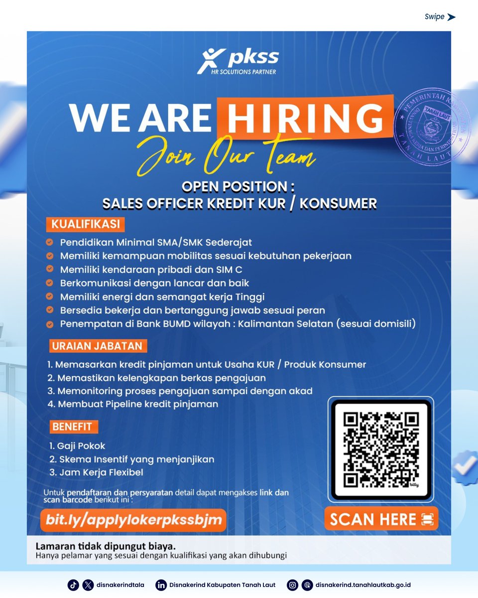 DisnakerindTala's tweet photo. 📢 LOKER BANK BUMN &amp; BUMD via PKSS!

Buka 4 Posisi (Penempatan Pelaihari/Kalsel):

Frontliner / Teller (Min D3/S1)
Petugas Bansos (Min D3/S1)
Sales Officer Pensiunan (Min SMA/SMK)
Sales Officer KUR (Min SMA/SMK)

Daftar GRATIS via:
https://t.co/2FaJF6VjEf
RT! #LokerTala https://t.co/HFiAsXXAgq