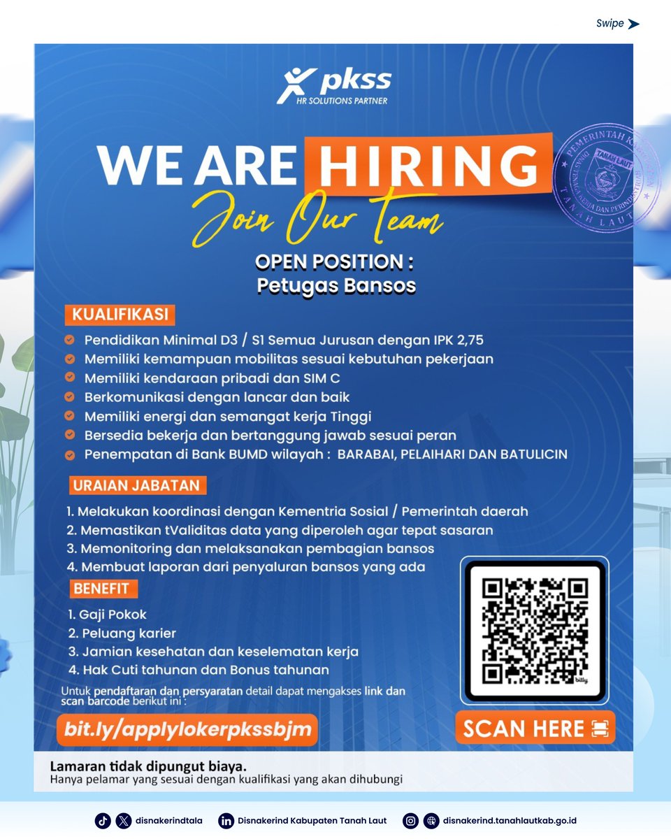 DisnakerindTala's tweet photo. 📢 LOKER BANK BUMN &amp; BUMD via PKSS!

Buka 4 Posisi (Penempatan Pelaihari/Kalsel):

Frontliner / Teller (Min D3/S1)
Petugas Bansos (Min D3/S1)
Sales Officer Pensiunan (Min SMA/SMK)
Sales Officer KUR (Min SMA/SMK)

Daftar GRATIS via:
https://t.co/2FaJF6VjEf
RT! #LokerTala https://t.co/HFiAsXXAgq