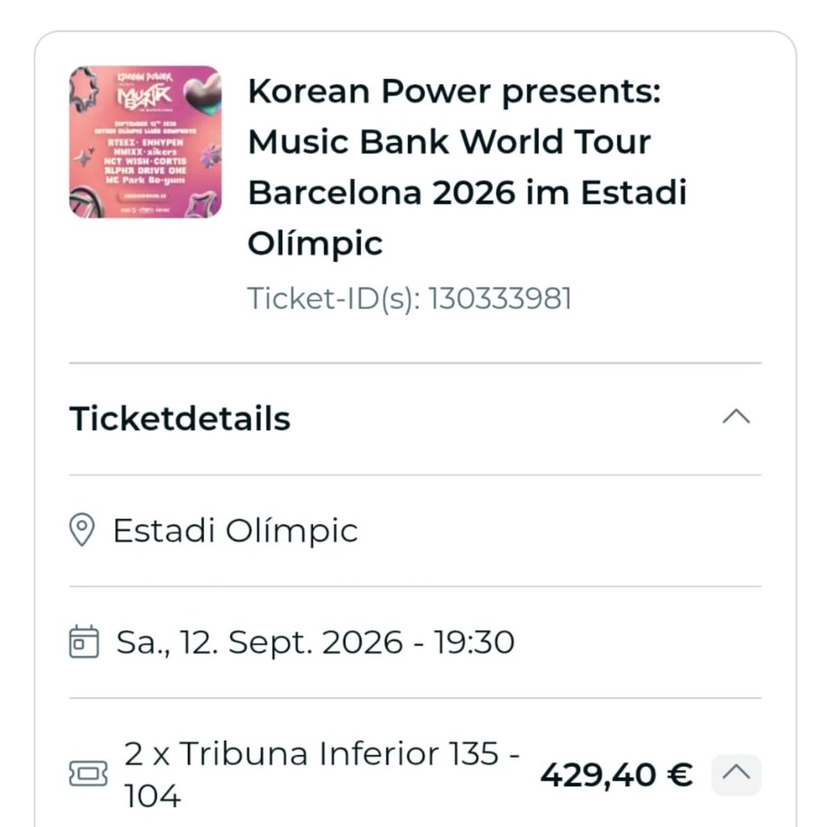 Novxlyang's tweet photo. Hey hey 💕 we're still desperately trying to sell our two seats together for music bank in barcelona! We're selling them for fv (negotiable)
they are lower rank tickets

#MusicBankinBarcelona #wts https://t.co/tzRUYWrXBD
