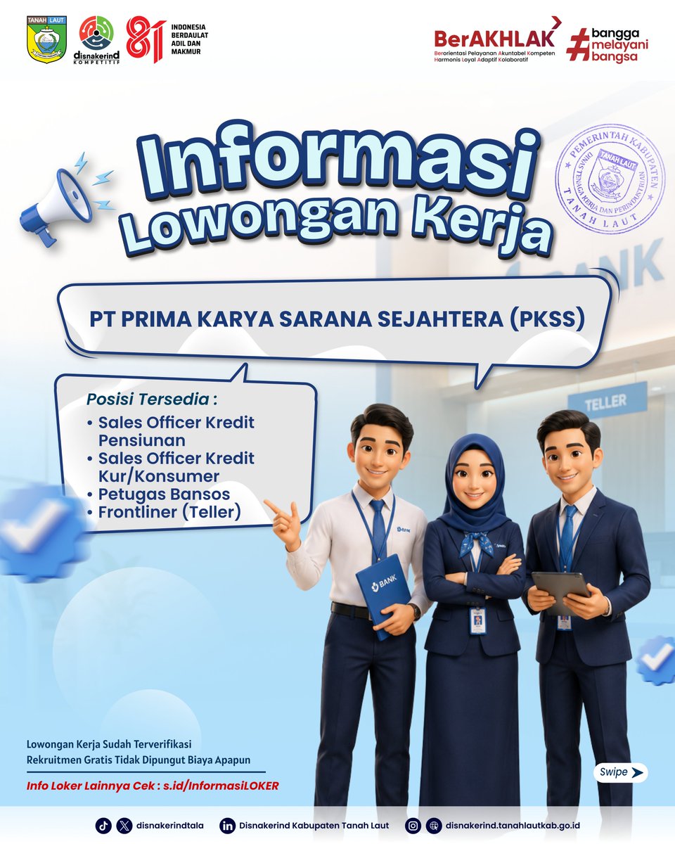 DisnakerindTala's tweet photo. 📢 LOKER BANK BUMN &amp; BUMD via PKSS!

Buka 4 Posisi (Penempatan Pelaihari/Kalsel):

Frontliner / Teller (Min D3/S1)
Petugas Bansos (Min D3/S1)
Sales Officer Pensiunan (Min SMA/SMK)
Sales Officer KUR (Min SMA/SMK)

Daftar GRATIS via:
https://t.co/2FaJF6VjEf
RT! #LokerTala https://t.co/HFiAsXXAgq
