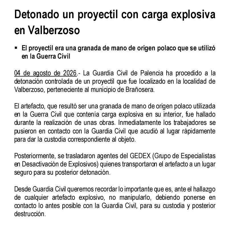 gc_palencia's tweet photo. 🚨 Detonado un proyectil con carga explosiva en Valberzoso 

#guardiacivilpalencia
#seguridadciudadana
#gedex https://t.co/lCNGP5RcGu