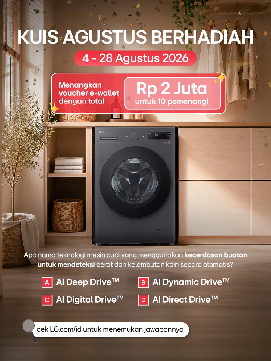 lgeindonesia's tweet photo. Pakaian terawat bukan cuma bersih, tapi juga terlindungi. 🧺✨

Tebak kepanjangan AI DD™️ di Mesin Cuci LG! Jawab (A/B/C/D) + alasannya di komentar untuk menang e-wallet total Rp2 Juta. 4–28 Agustus 2026. https://t.co/J18hCB6zWf