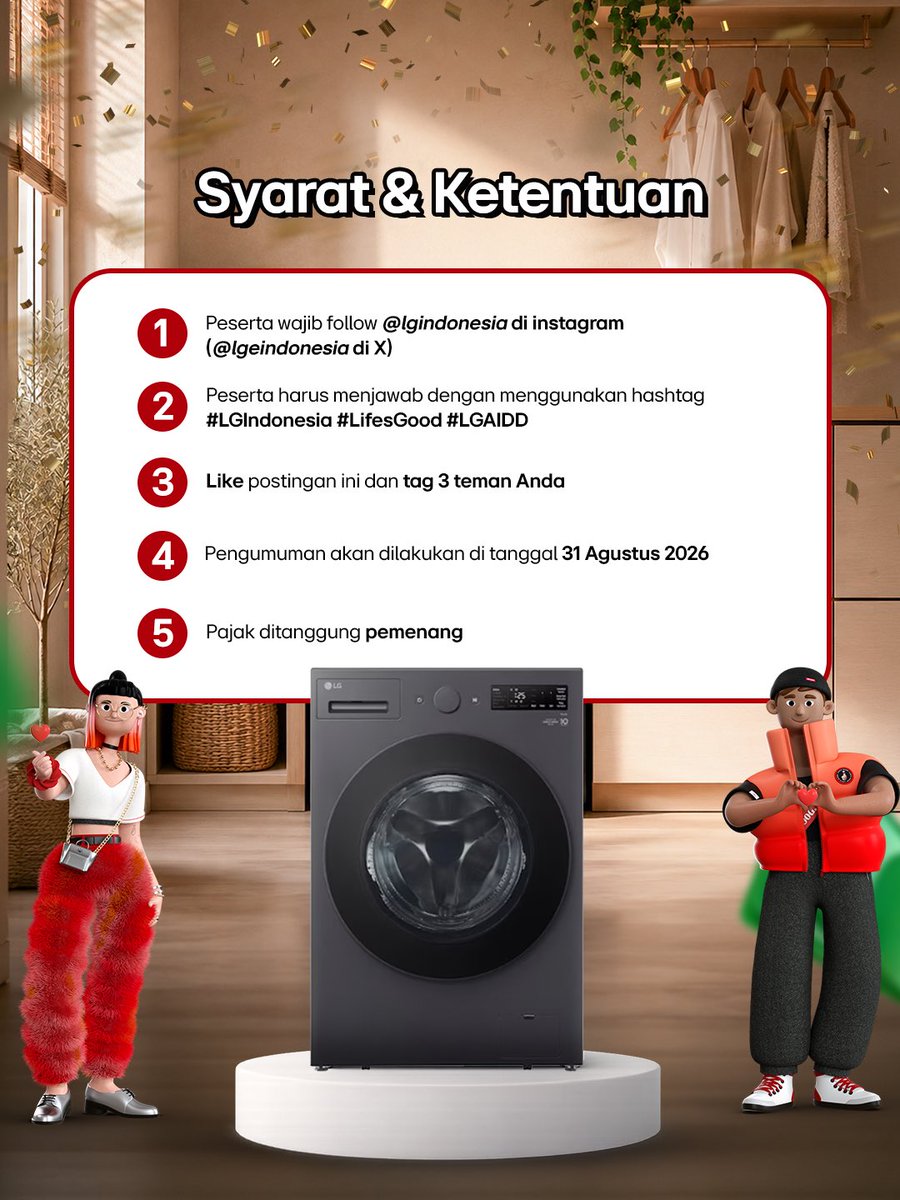 lgeindonesia's tweet photo. Pakaian terawat bukan cuma bersih, tapi juga terlindungi. 🧺✨

Tebak kepanjangan AI DD™️ di Mesin Cuci LG! Jawab (A/B/C/D) + alasannya di komentar untuk menang e-wallet total Rp2 Juta. 4–28 Agustus 2026. https://t.co/J18hCB6zWf