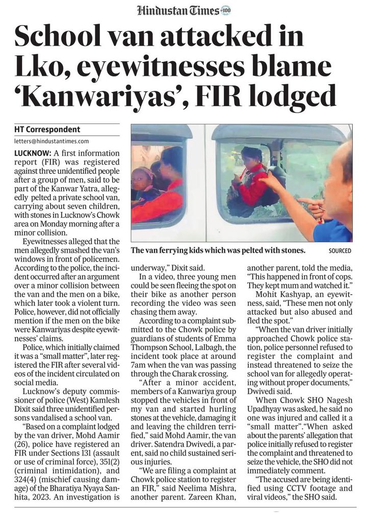 ghoshaakash0007's tweet photo. School van attacked in #Lucknow eyewitness blame ‘Kanwariyas’ FIR lodged @lkopolice https://t.co/KBu62COFqz