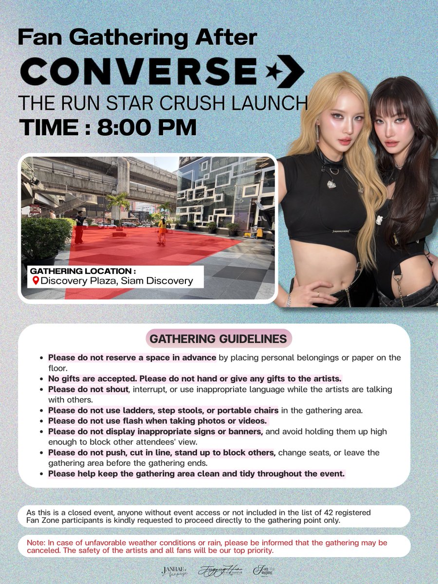 JanJingjing_TH's tweet photo. 📢 ประกาศรวมพลหลังงาน
Converse - the Run Star Crush Launch 
#ConversexJanJingJing #JanJingjing 

🗓️ 06 AUG 2026 
⏰ 08:00 PM 
📍 Discovery Plaza, Siam Discovery 

ขอความกรุณาทุกท่านปฏิบัติตามข้อกำหนดอย่างเคร่งครัดและช่วยกันรักษาความสะอาดด้วยน้าค้าบ 🤍

FAN GATHERING After Converse Run Star Crush Launch EVENT

🗓️ 06 AUG 2026 
⏰ 08:00 PM 
📍 Discovery Plaza, Siam Discovery 

Please follow the guidelines carefully and help keep the area clean throughout the gathering 🤍