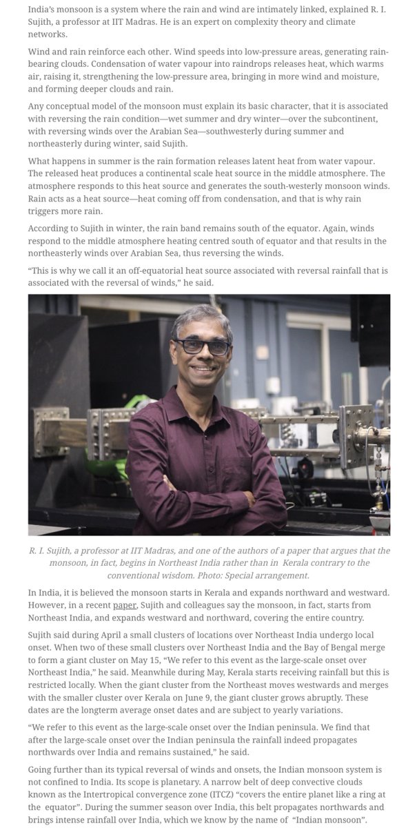 SujithRI's tweet photo. Delighted to share our work featured in @fountainink Magazine, covering our work on Indian monsoon as phase transition in climate network https://t.co/9GhVf4WNX3 &amp; physical basis for predictability prior to 18 months in advance https://t.co/CYgzv1VZIz.
#monsoon #complexity #iitm https://t.co/S6wBLafR3q