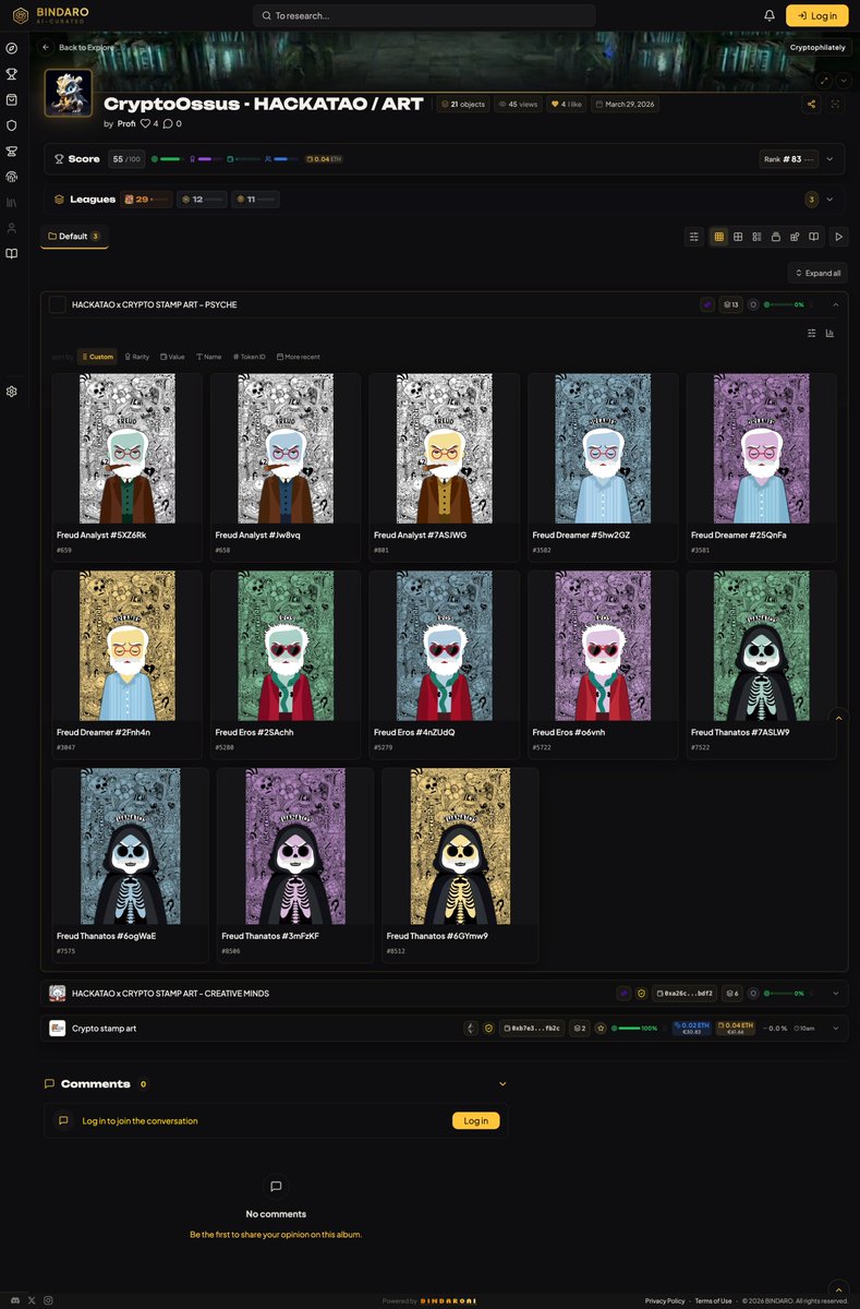 bindaro_io's tweet photo. 🧠 HACKATAO x Crypto Stamp Art – Psyche Edition brings Freud into crypto-philately, with Austrian Post’s phygital stamp format and Hackatao’s unmistakable symbolic detail.

🎭 Freud Analyst, Freud Dreamer, Freud Eros and Freud Thanatos work as one coherent collection around the architecture of the psyche: observation, dreams, life instinct and the death drive.

📮 In this digital Bindaro album, a collector keeps the Psyche Edition together in a clear visual presentation for discovery, comparison and sharing.

Explore the collection and showcase your own on Bindaro ✨👇
https://t.co/BPZXkaJX2q

#Bindaro #CryptoStamp #CryptoPhilately #Hackatao #AustrianPost