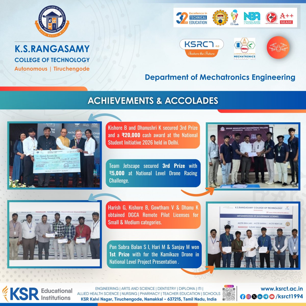 ksrct1994's tweet photo. 🏆 Excellence in Innovation | Achievements & Accolades 🏆
Innovate • Create • Lead • Inspire
#KSRCT1994 #KSRangasamyCollegeOfTechnology #MechatronicsEngineering #Achievements #Accolades #StudentSuccess #Innovation #DroneTechnology https://t.co/FUfd2glOa5
