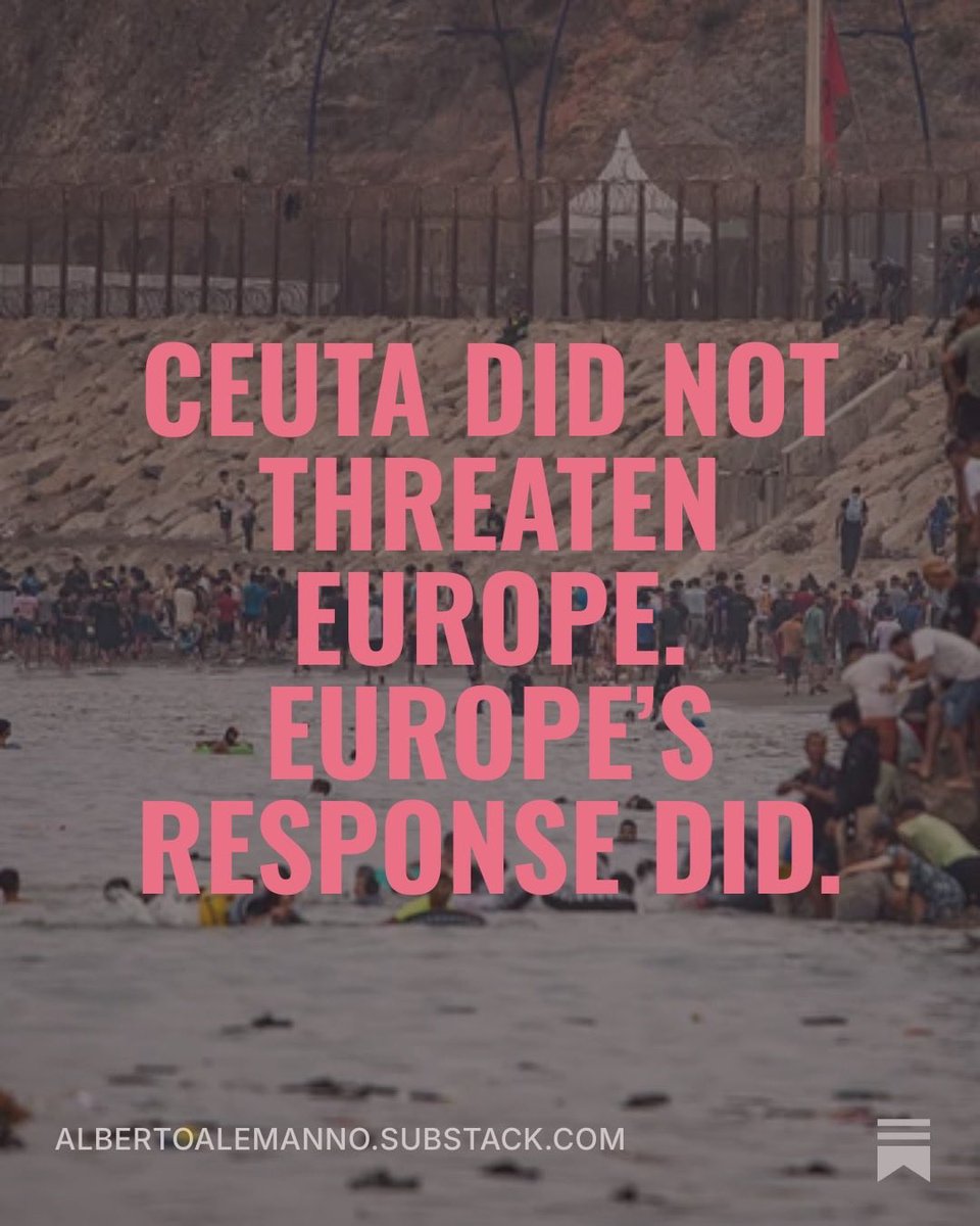 alemannoEU's tweet photo. Like many Europeans, I felt deep unease, not only at the deaths in Ceuta, but at Europe’s dehumanised response.

EU leaders fell into the trap of treating the crisis as an invasion, despite signs that it had been fuelled by a third-country-led social-media campaign intended to provoke precisely that reaction.

By embracing this dystopian narrative, they turned desperate people into invaders, abandoned European solidarity and helped create the image Europe’s worst enemies want: a frightened, divided continent betraying its own values under pressure.

Ceuta did not threaten Europe. Europe’s response did. 

As EU Interior Ministers meet today #EUCO, READ my latest https://t.co/ebuofYbso2