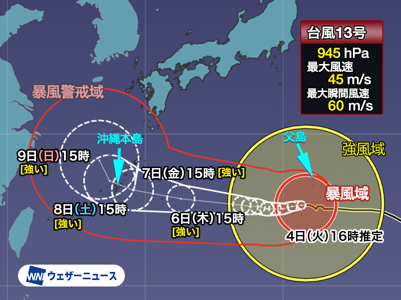 wni_jp's tweet photo. 【台風情報】
大型で非常に強い台風13号(ドルフィン)は4日(火)の昼過ぎに小笠原諸島に最接近し、16時の推定で父島の南を西に進んでいるとみられます。
今後も西寄りに進んで沖縄に接近する見込みです。沖縄付近では台風が速度を落とし、影響が長引くおそれがあります。
https://t.co/TvyBYg7mye https://t.co/YyyQrCRdYw