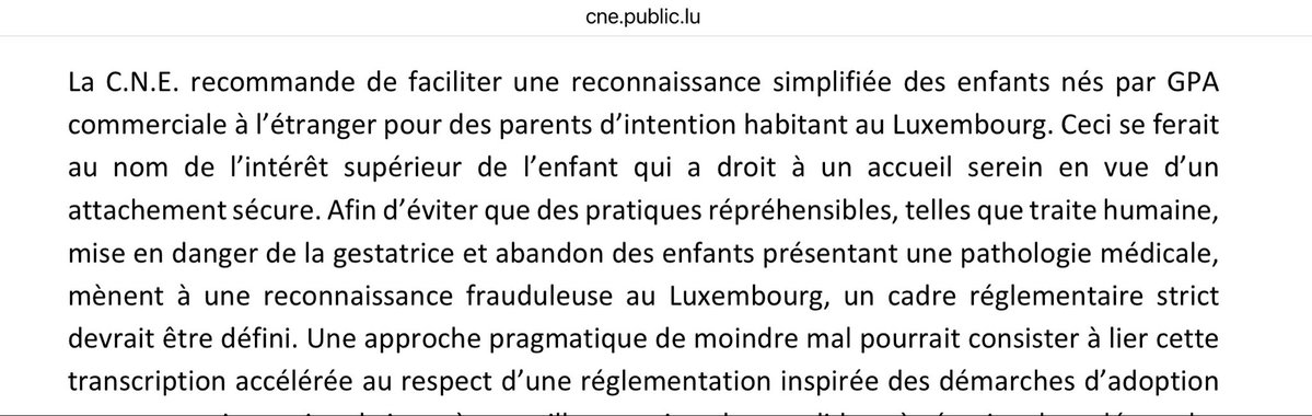 PeFuCas's tweet photo. 2/3
La C.N.E. recomienda facilitar y simplificar la filiación para padres de intención luxemburgueses de menores nacidos por #GestaciónSubrogada #GPA en el extranjero.
Sería con un marco regulatorio que prevenga la explotación y sobre la base de una sentencia judicial. https://t.co/7Ndhq1esMV