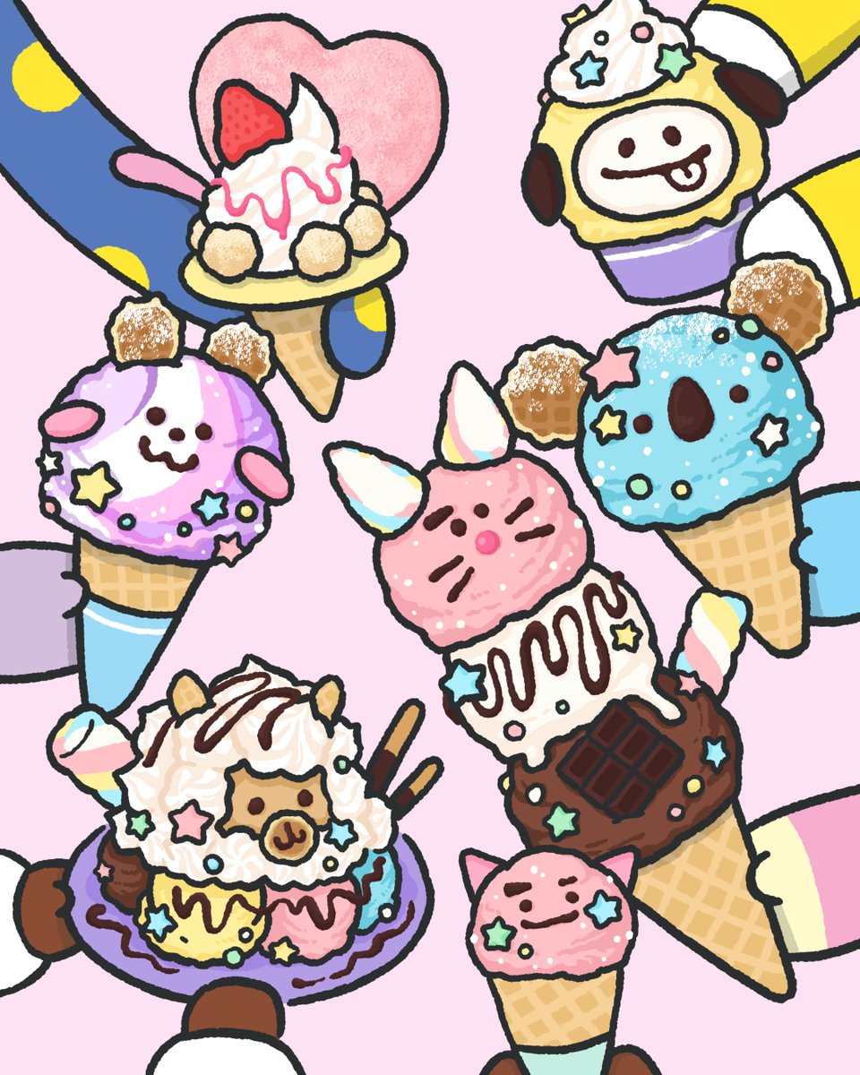BT21_Japan's tweet photo. えへへ、結構似てるでしょ？😎🍦 

#BT21 #KOYA #RJ #SHOOKY #MANG #CHIMMY #TATA #COOKY #Icecream https://t.co/5zfmb2bhpk
