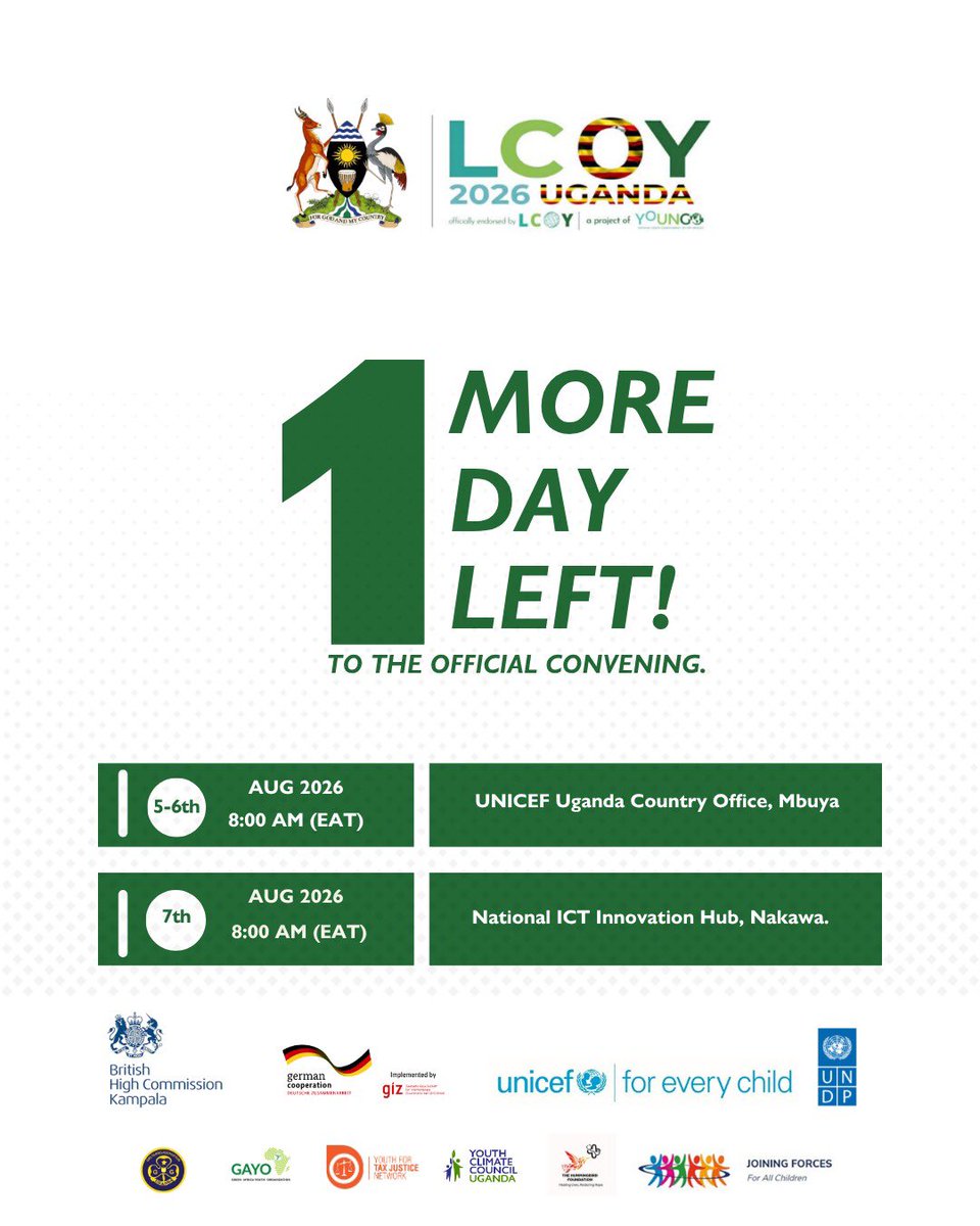 TooMuchDora's tweet photo. 1 day to go! 🥳

Tomorrow, young people and children from across Uganda come together to shape bold climate solutions, amplify their voices, and drive action for a resilient future. 

See you at LCOY Uganda 2026! #LCOYUg2026 https://t.co/63oG2MzuEC