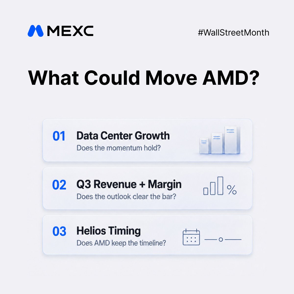MEXC's tweet photo. Trading $AMD into earnings? 👀

What hits the tape could reprice the AI trade.
Swipe 👉 for the pre-earnings radar.

What moves $AMD more: the first print or the call?

#WallStreetMonth